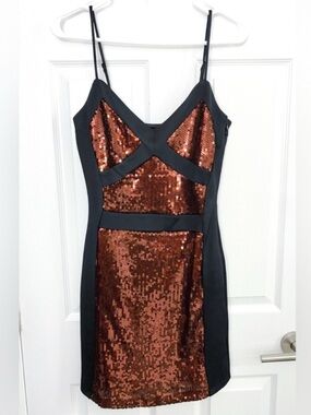 Black and Copper Sequin Mini Dress